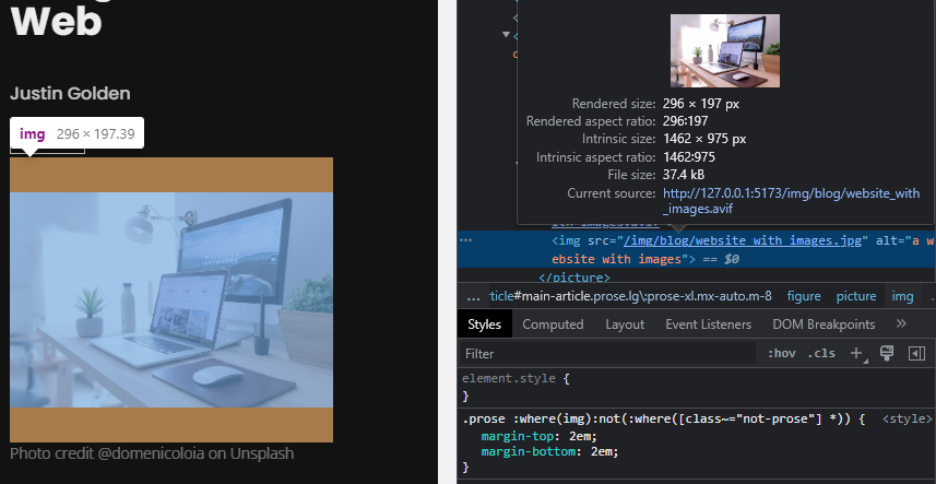 view of an image in the DOM showing rendered size and actual size